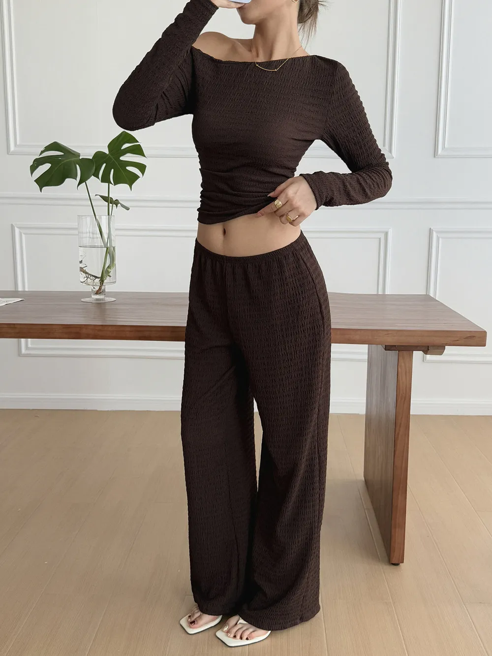 One Shoulder Long Sleeve Top and Pants Set
