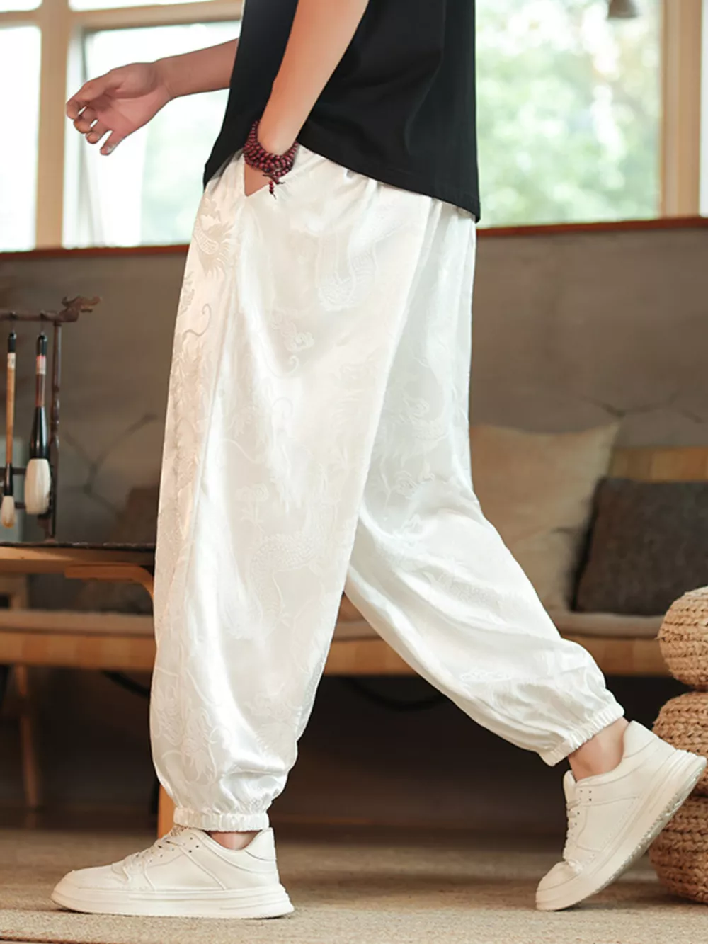 Men's Plus Size Dragon Pattern Silk Harem Pants, image 4