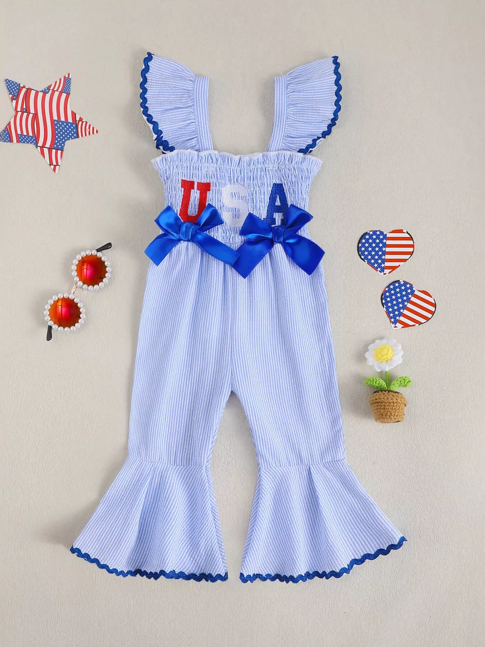 Children's USA Themed Ruffled Sleeve Smocked Jumpsuit, image 3