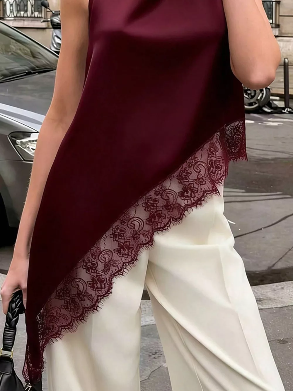 Polka Dot Lace Trim Asymmetrical Hem Sleeveless Blouse, image 8