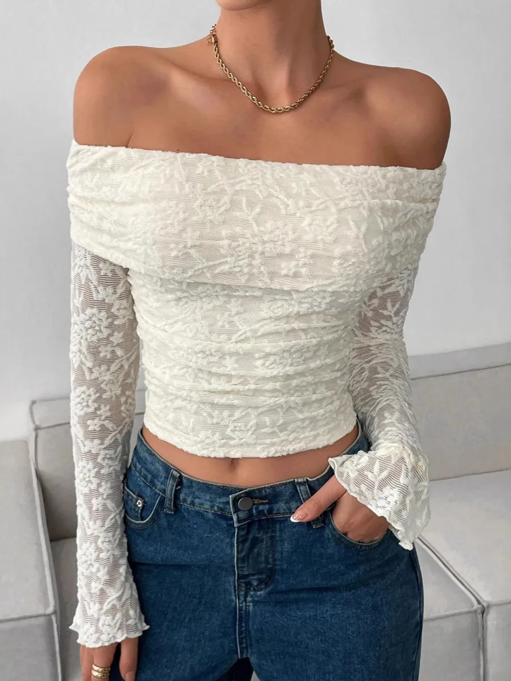 Off Shoulder Long Sleeve Lace Top, image 2
