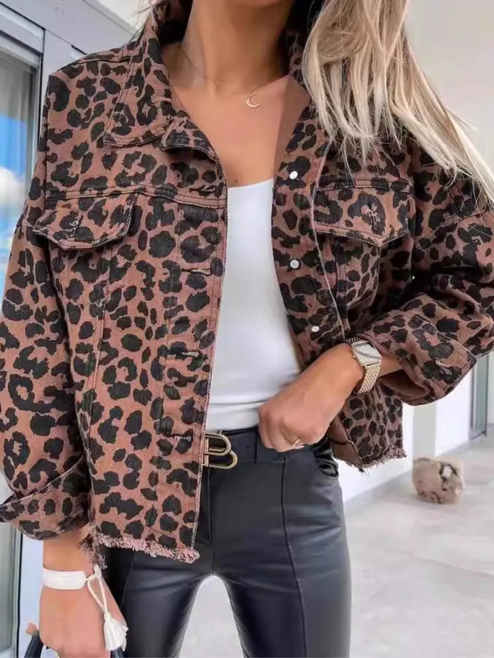 Leopard Print Raw Hem Denim Jacket