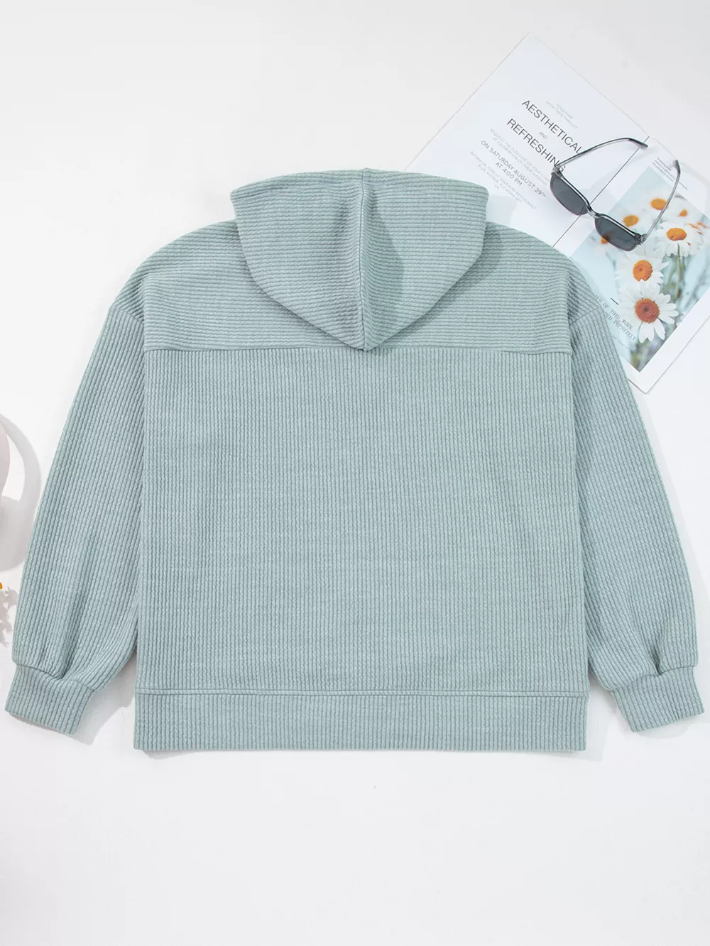 Ribbed Drop Shoulder Knit Hoodie, image 3
