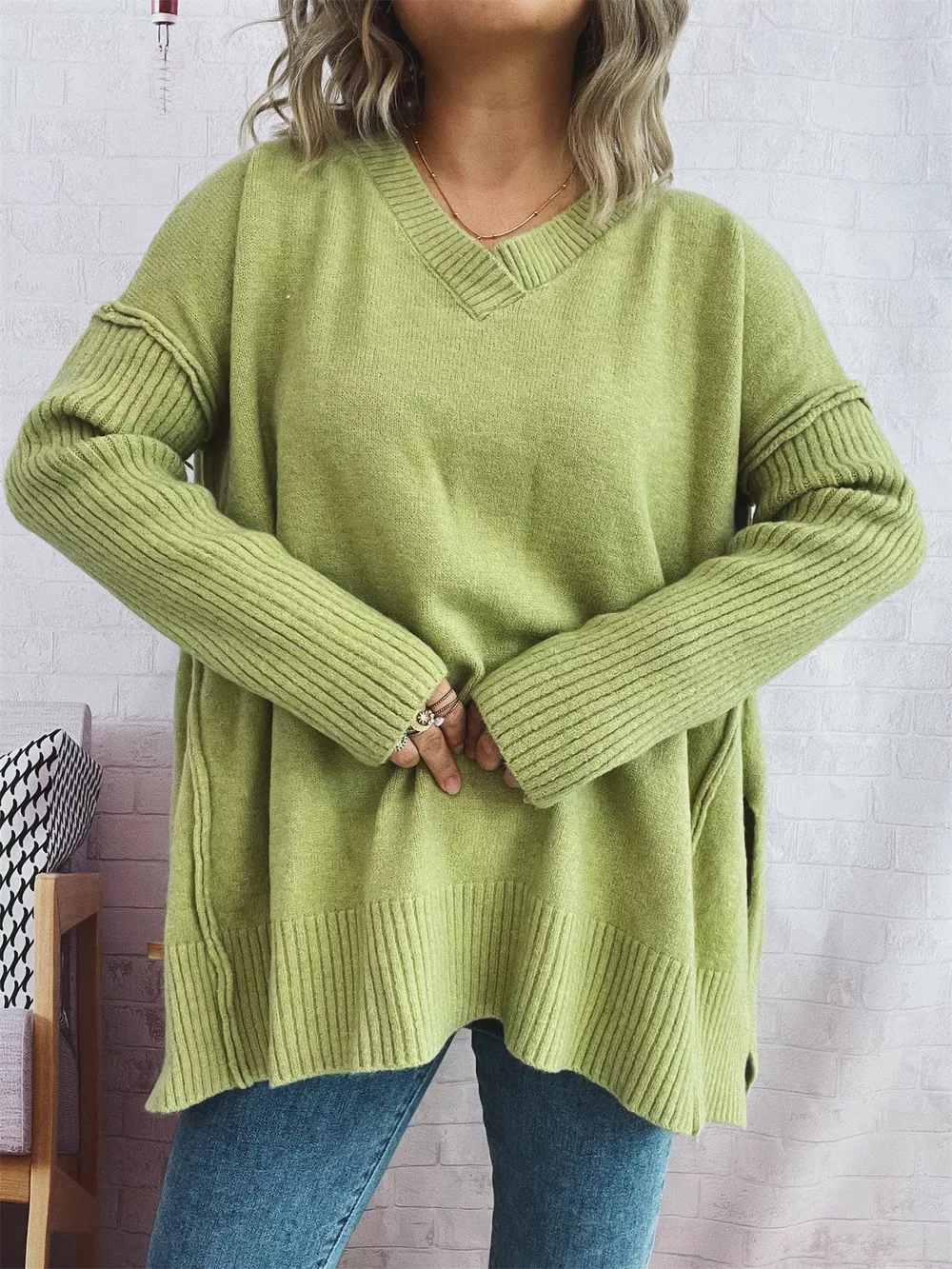 V-Neck Dropped Shoulder Sweater, image 12