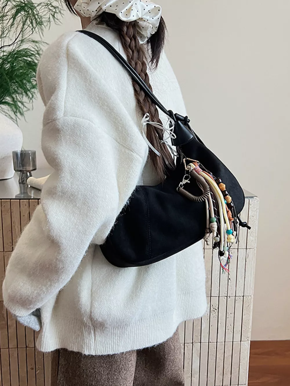 Vintage Suede Tassel Shoulder Bag, image 23