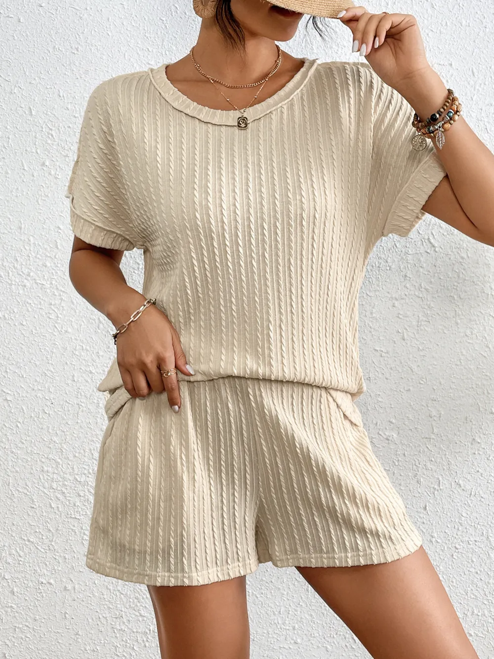 Texture Round Neck Top and Shorts Lounge Set, image 4