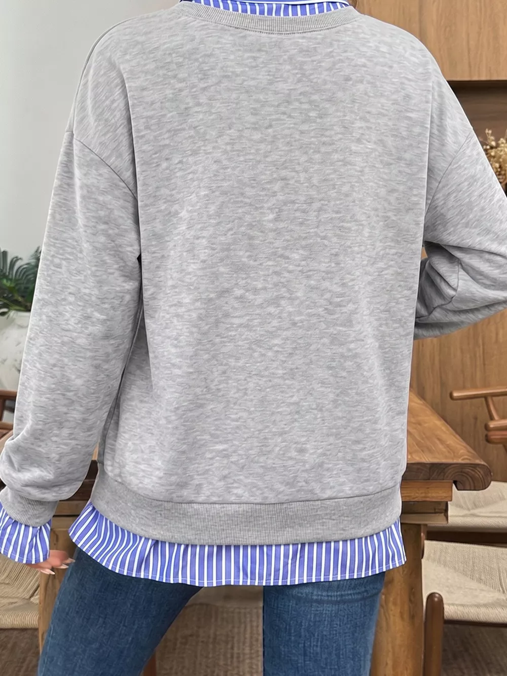 Striped Collar 2-in-1 Patchwork Casual Loose Sweatshirt, image 5