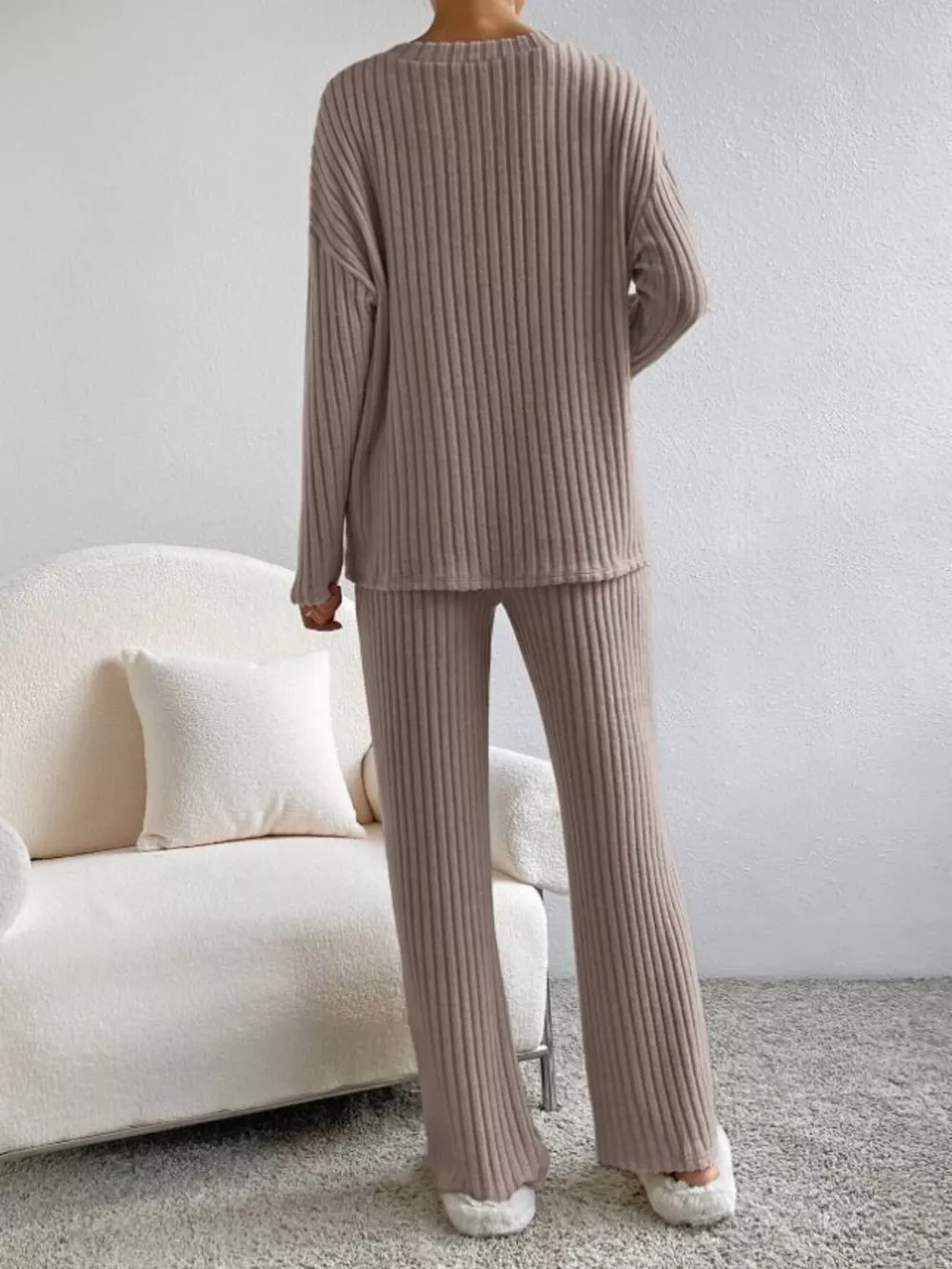 Ribbed Knit V-Neck Top and Pants Set, image 13