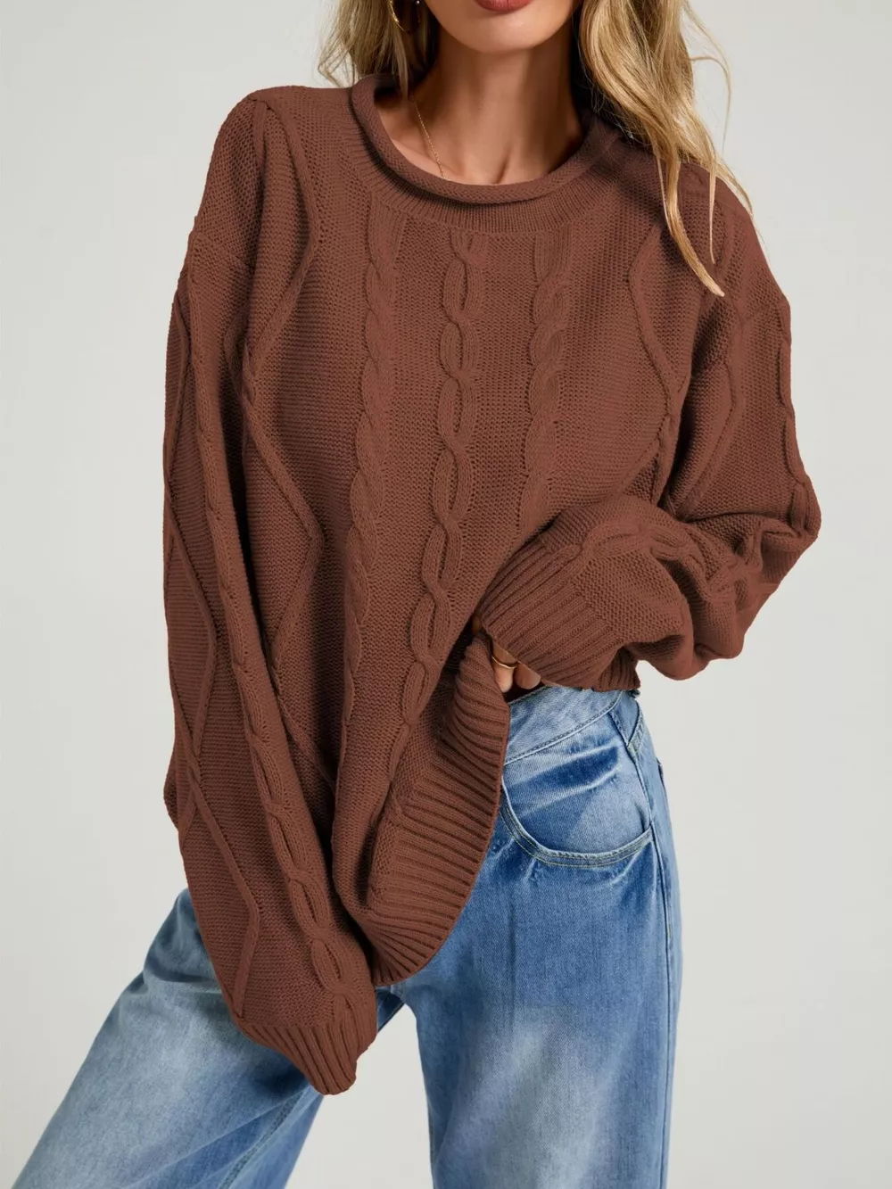 Cable Knit Ribbed Hem Sweater