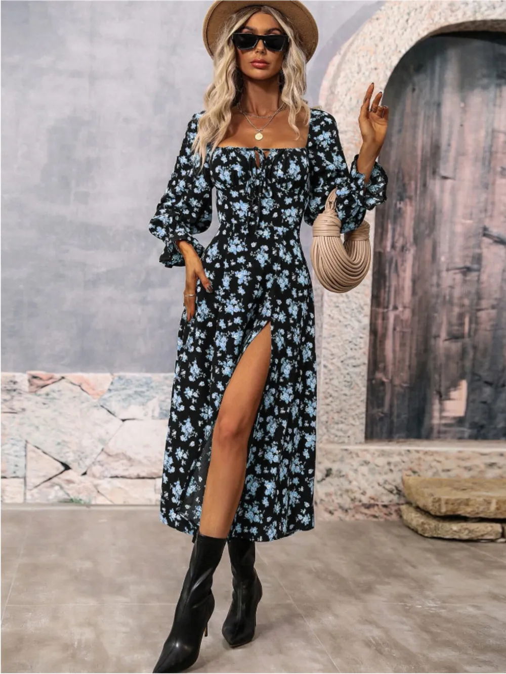 Floral Print Square Neck Flounce Sleeve Dress with Side Slit, image 9