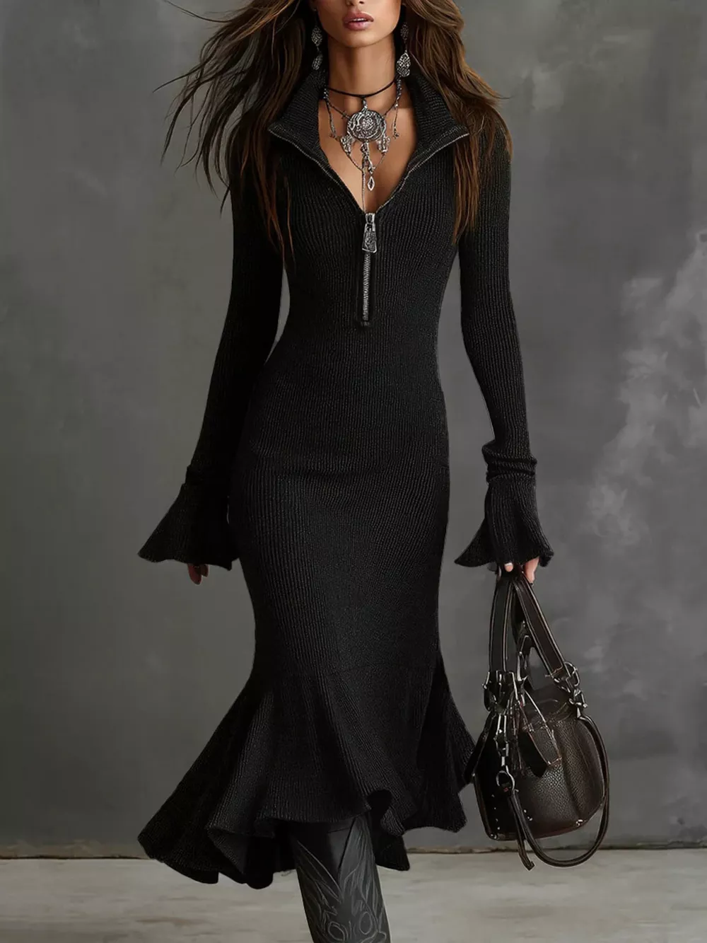 Ribbed Knit Zip Front Flare Hem Midi Dress, image 8