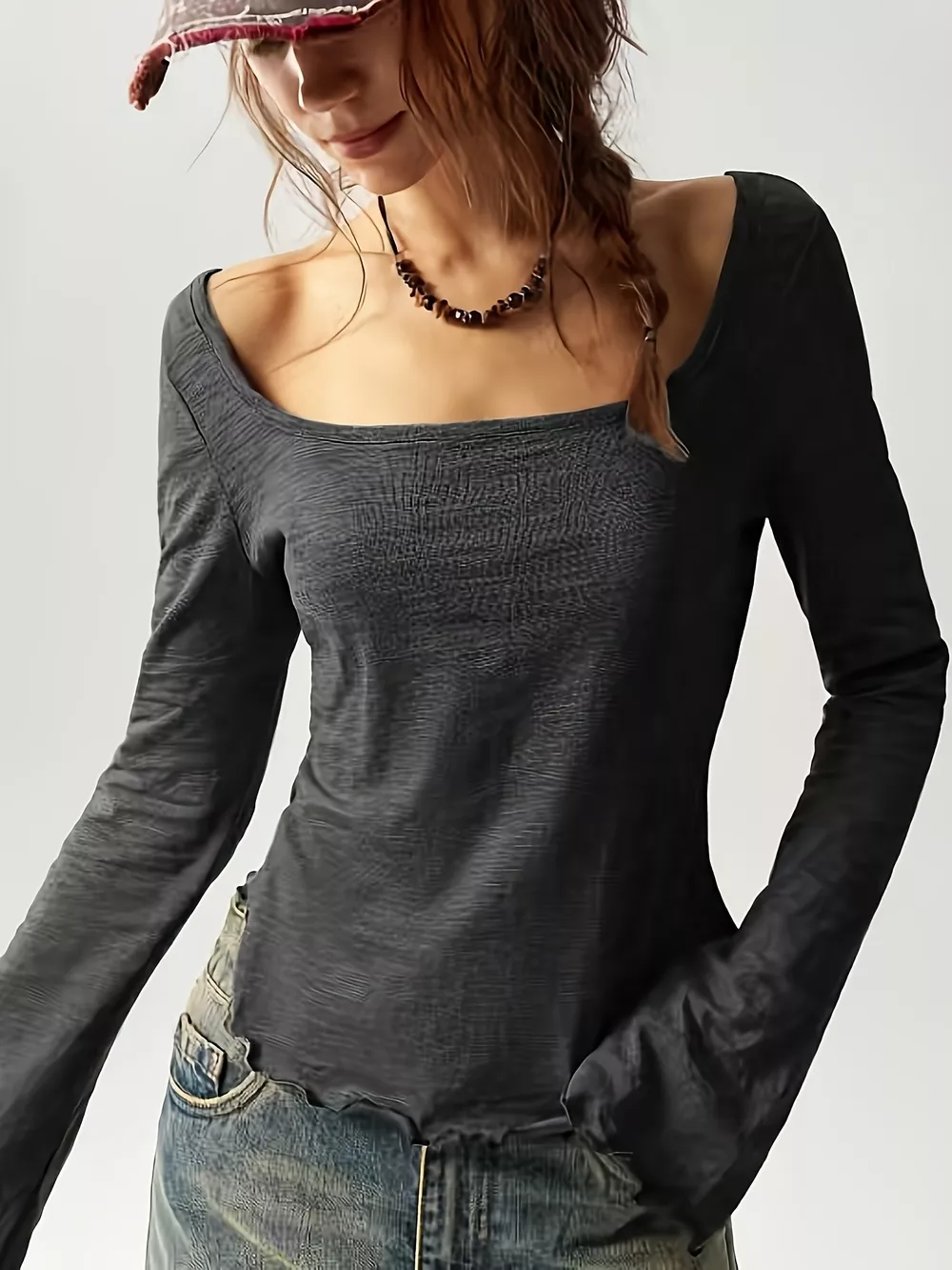 Square Neck Long Sleeve Slim-Fit T-Shirt
