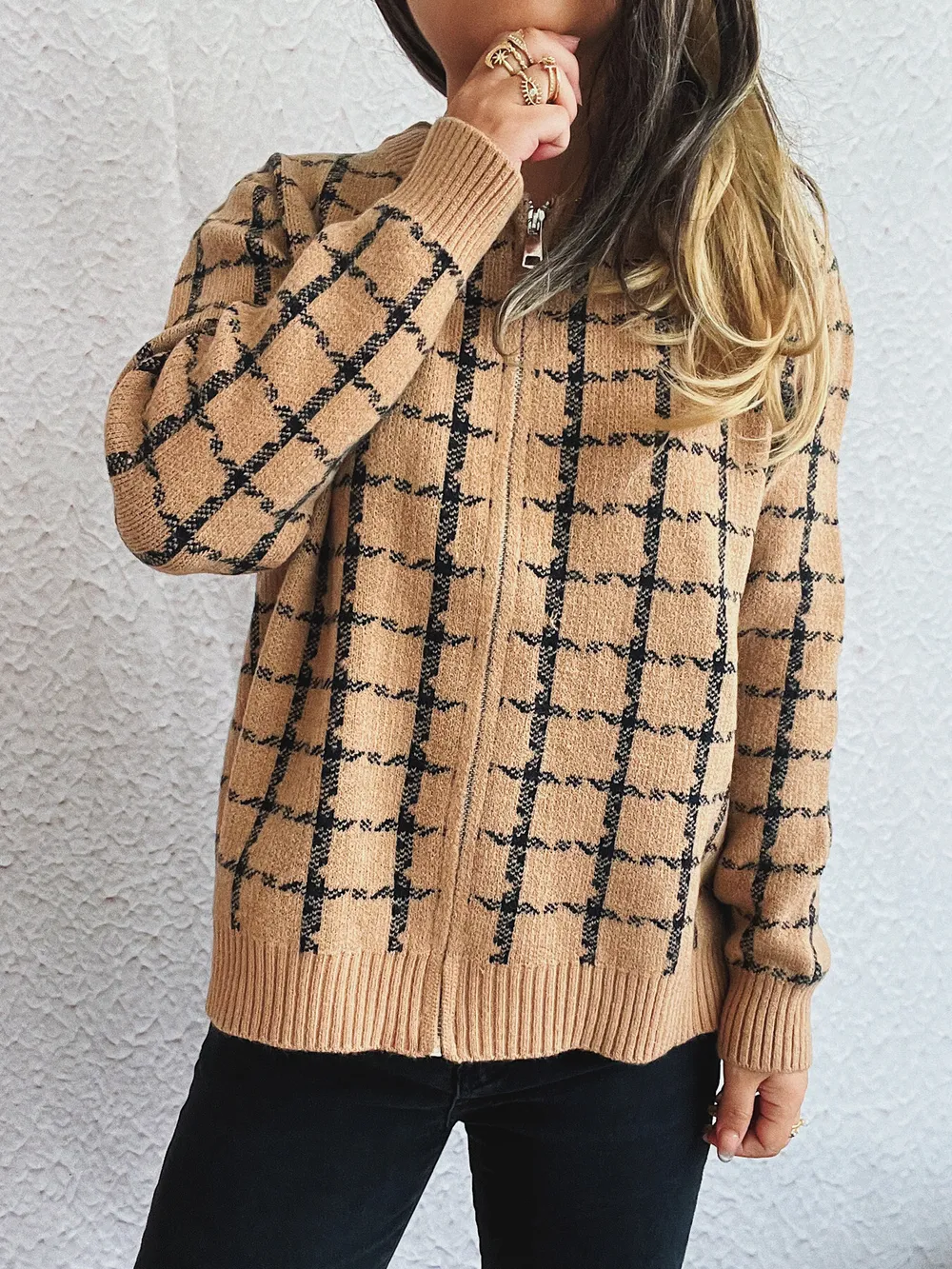Plaid Pattern Zip Up Cardigan, image 5