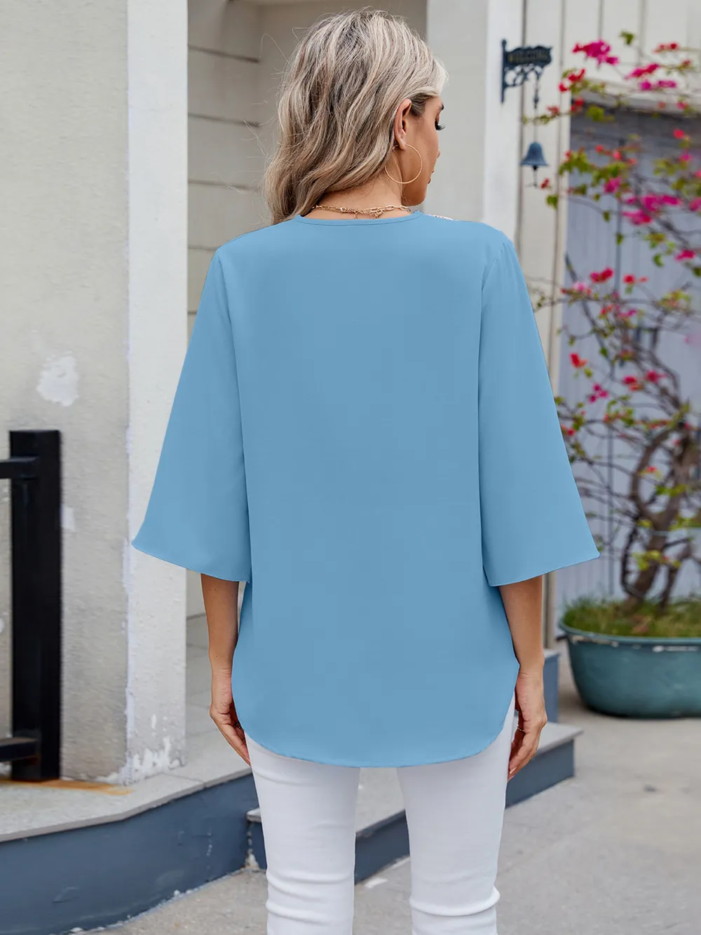 V-Neck Lace Trim Blouse, image 12