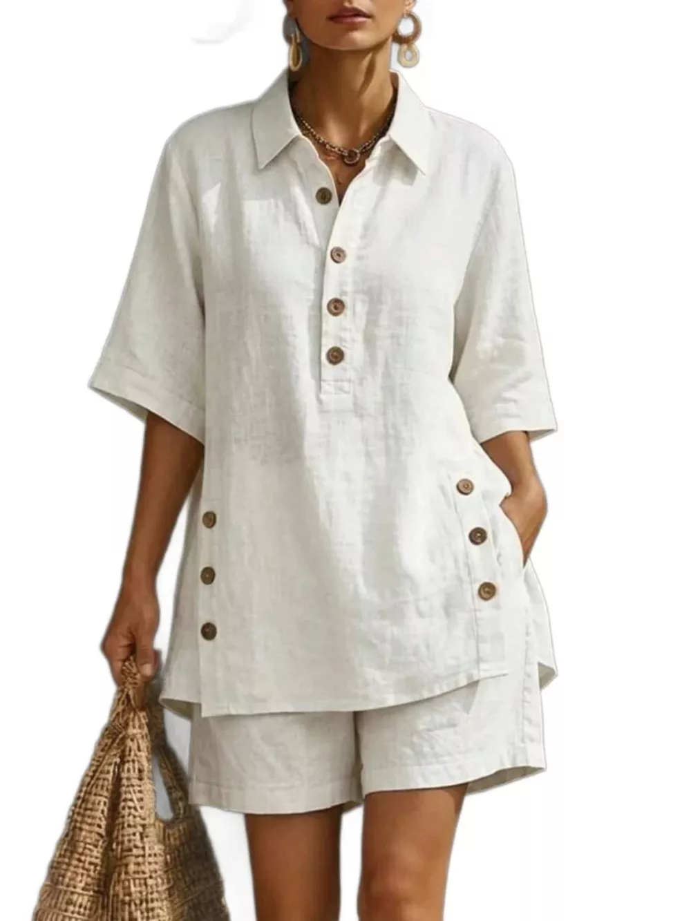 Full Size Casual Linen Button-Down Shirt & Shorts Set Plus Size, image 2