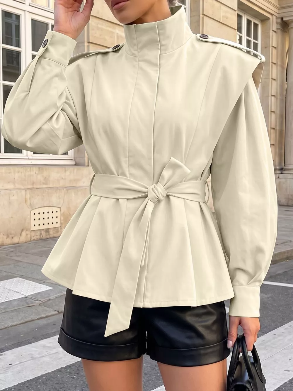 Stand-Collar Belted Outerwear