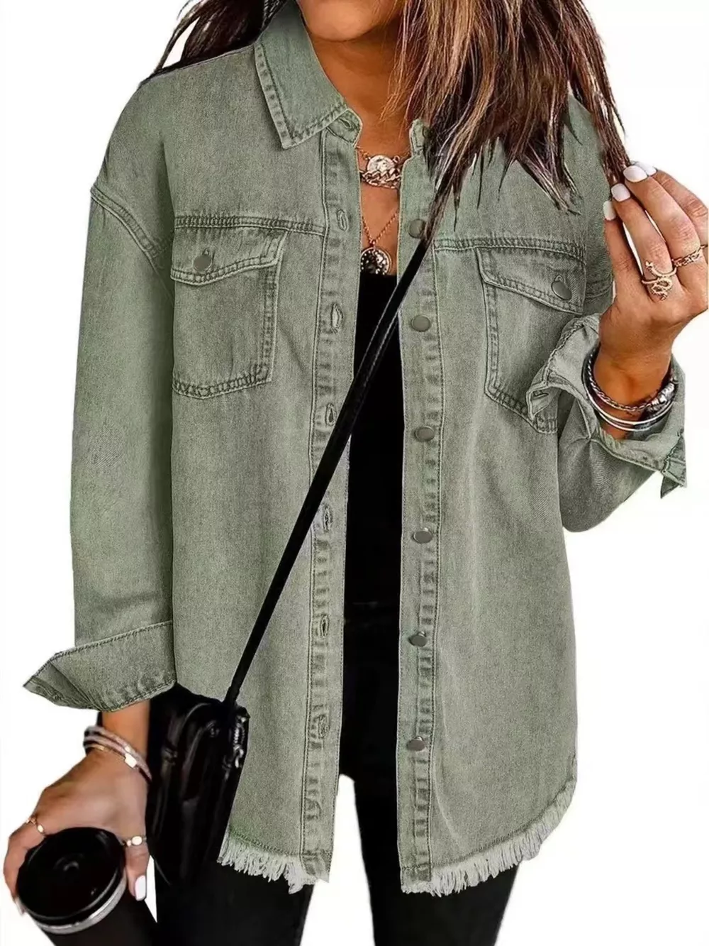 Frayed Hem Button Up Denim Jacket, image 11