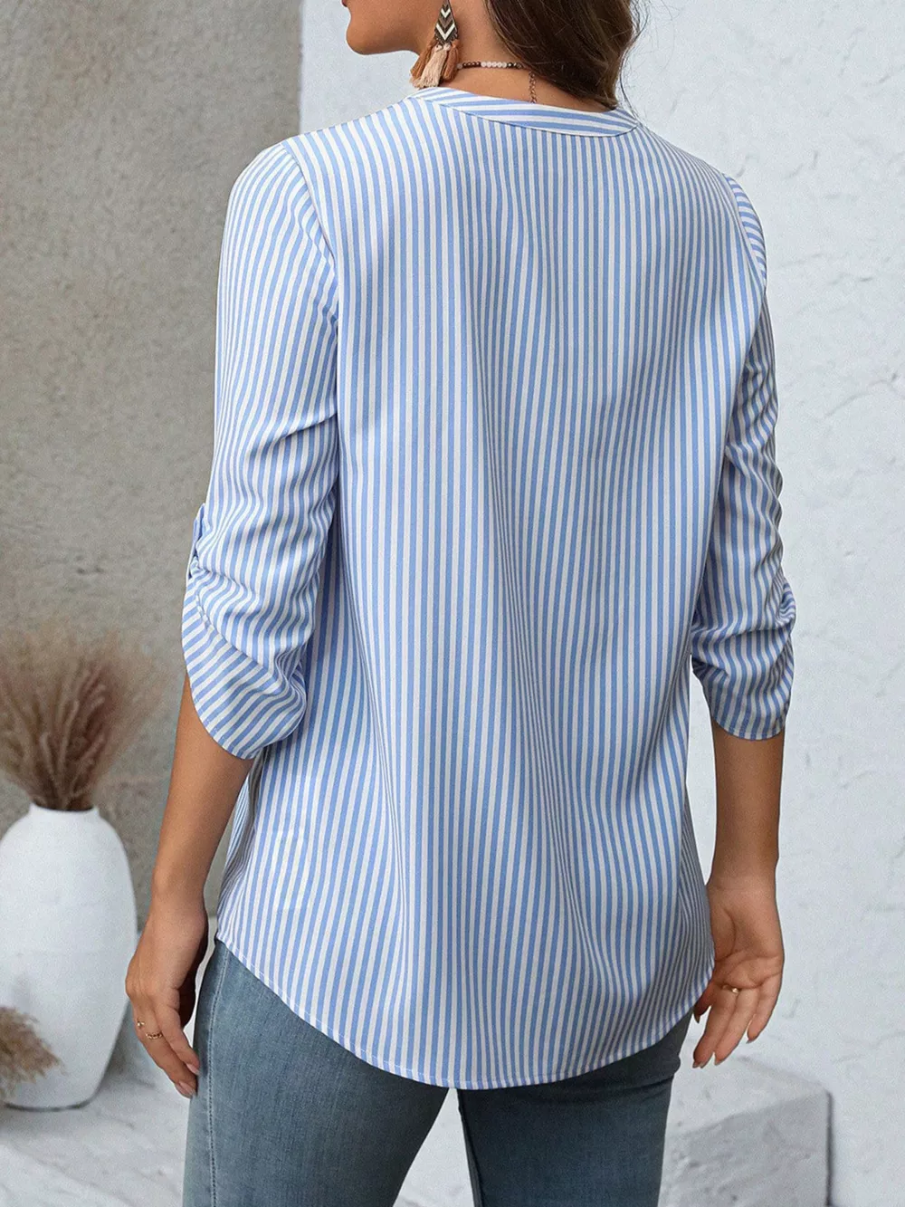 Striped V-Neck Roll-Up Sleeve Blouse, image 6