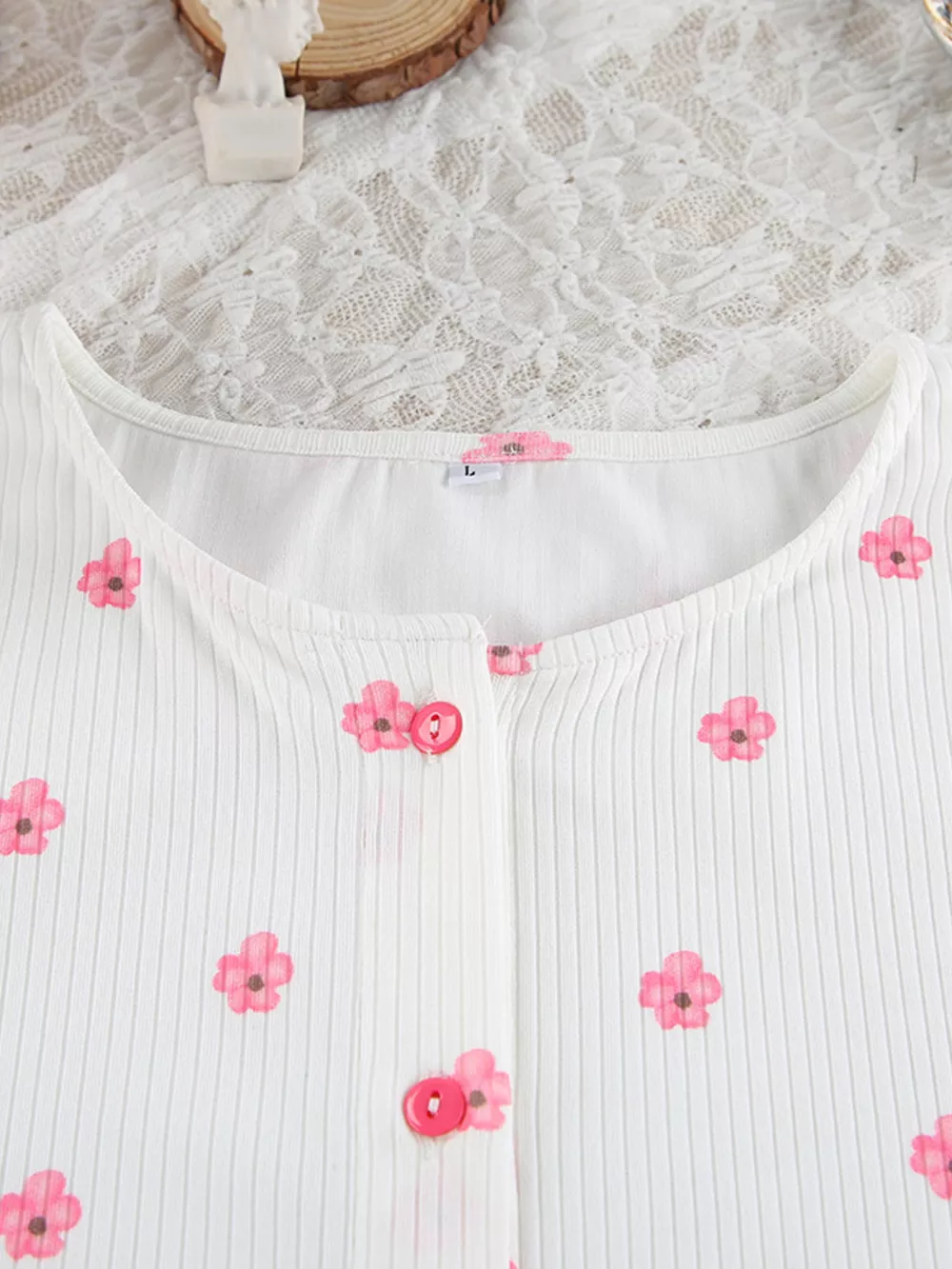 Floral Print Ribbed Knit Top and Shorts Lounge Set, image 6