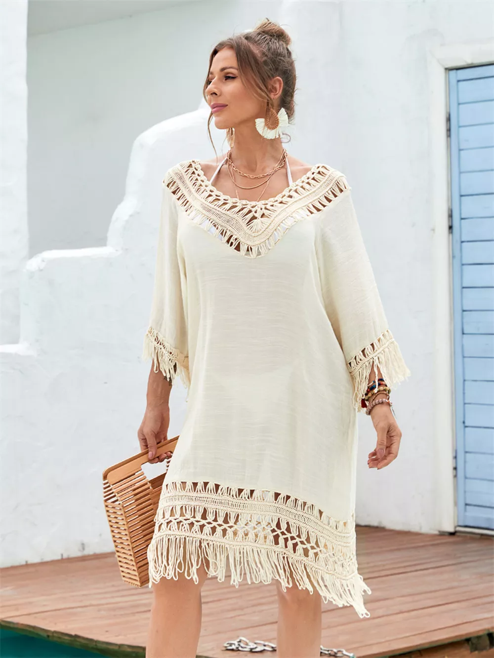 Fringe Crochet V-Neck Cover-Up Dress, image 4