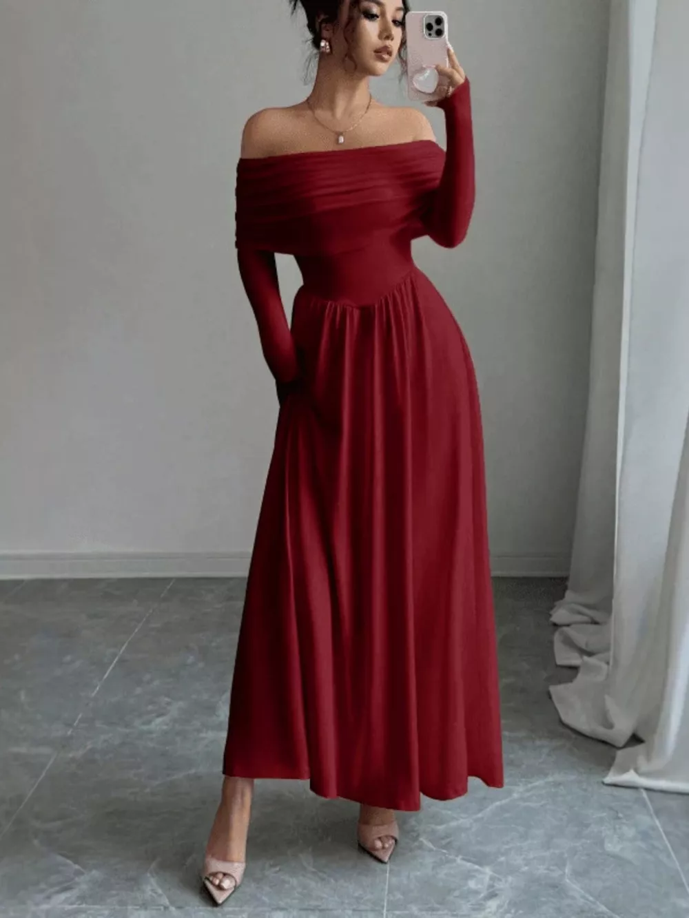 Off-Shoulder Long Sleeve Maxi Dress