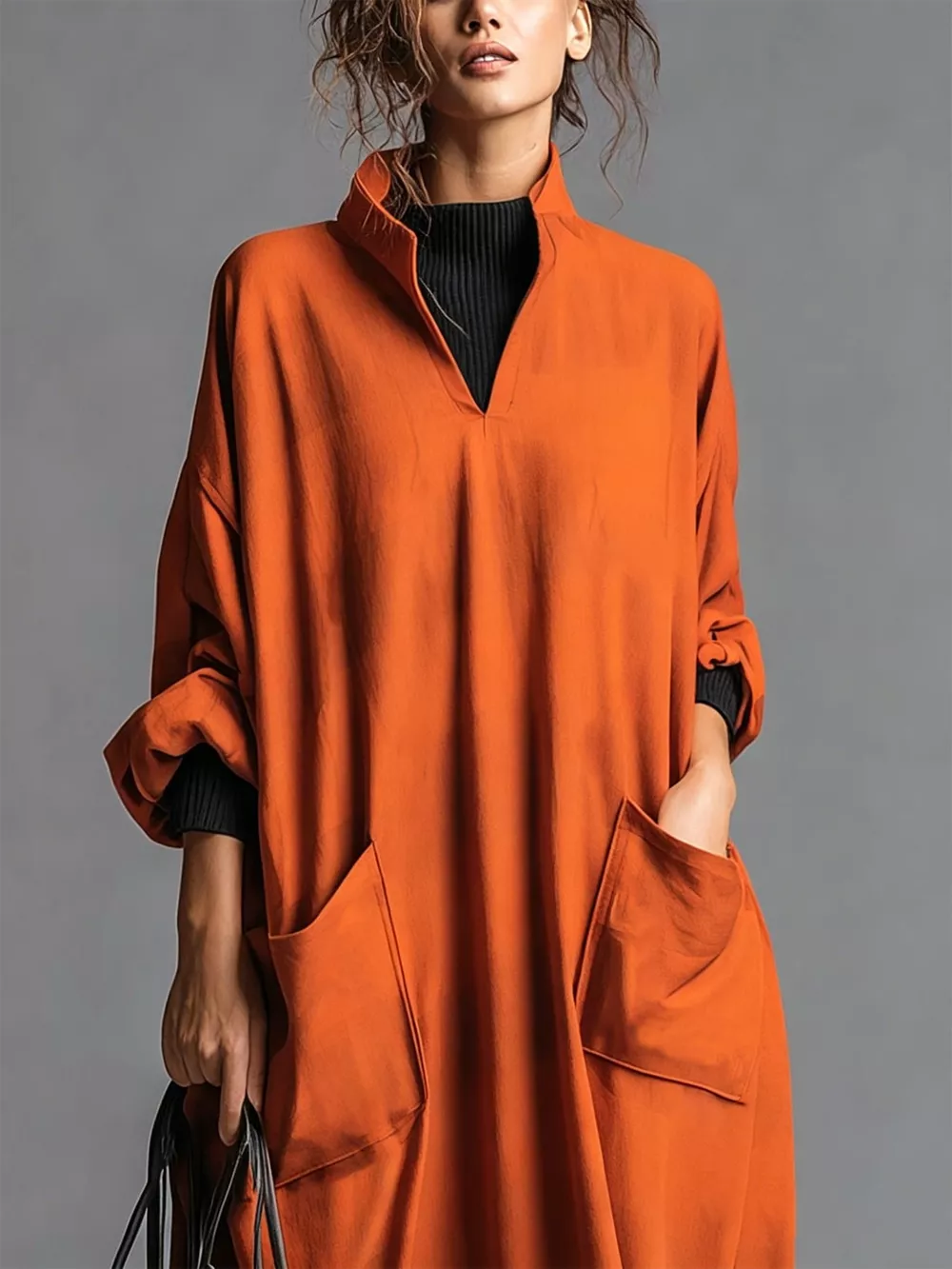 Full Size Loose-Fit Mock Neck Midi Dress with Pockets Plus Size, image 7