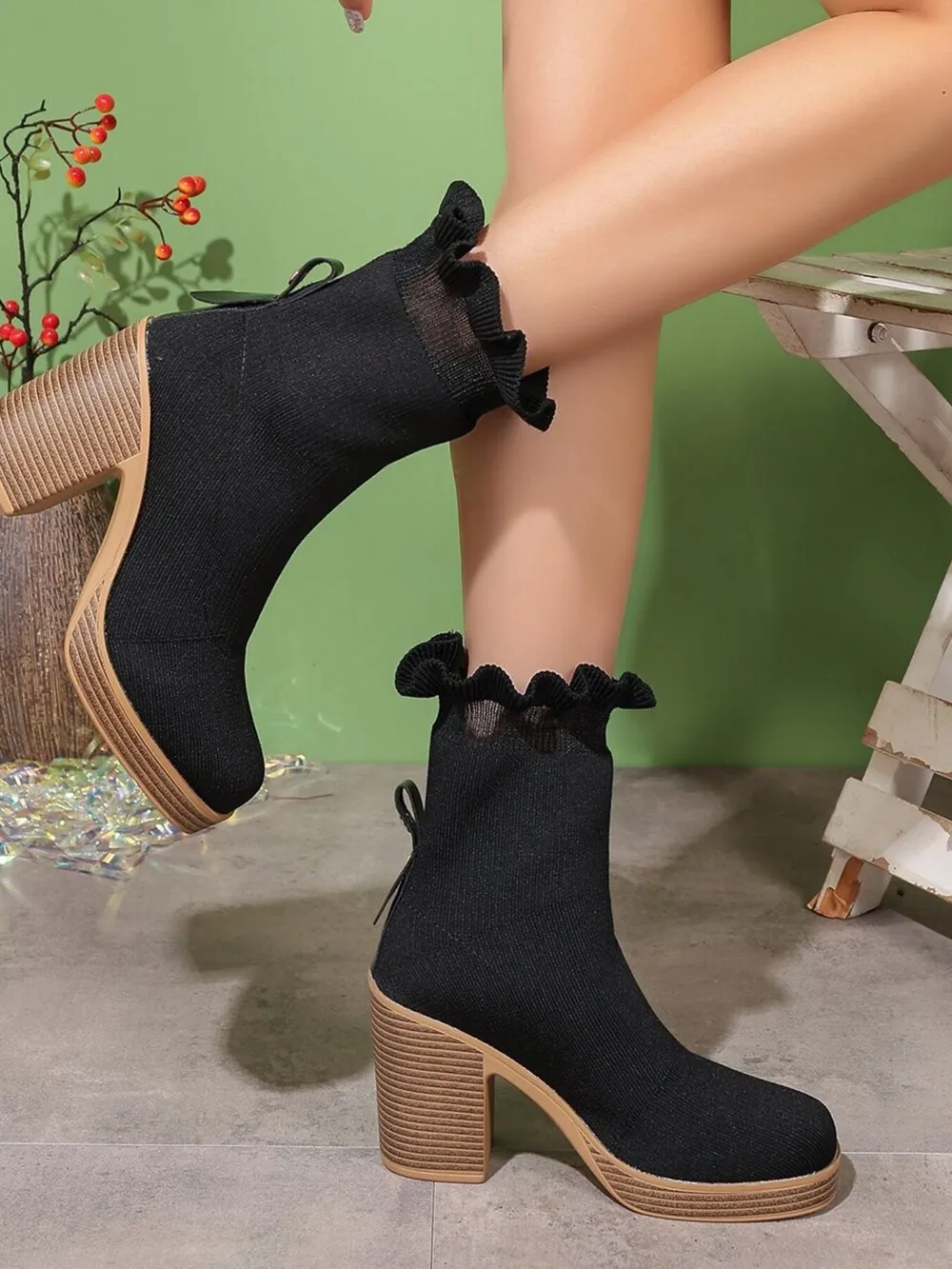 Ruffled Trim Chunky Heel Boots, image 3