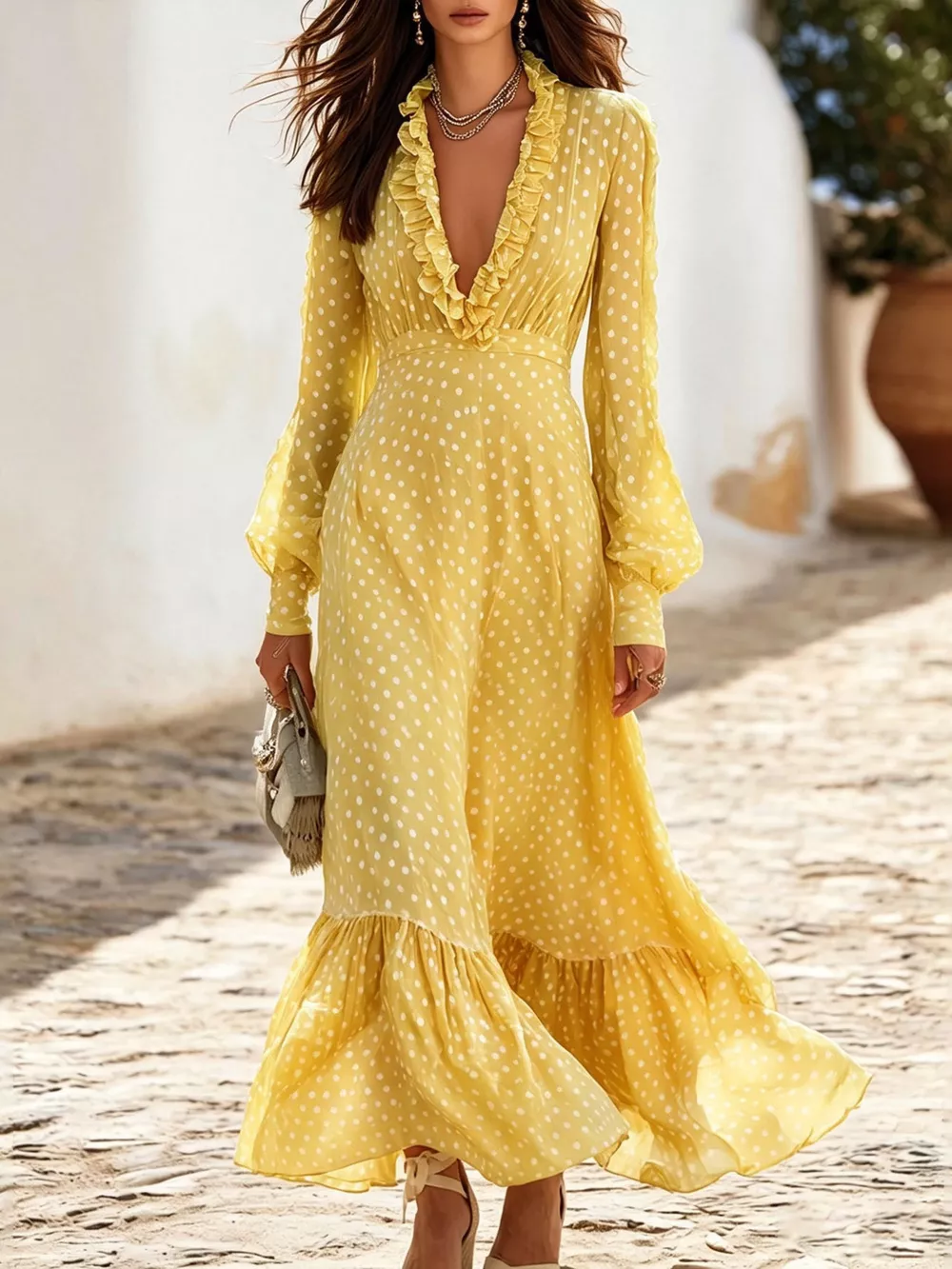 Full Size Polka Dot Ruffle V-Neck Maxi Dress Plus Size, image 2