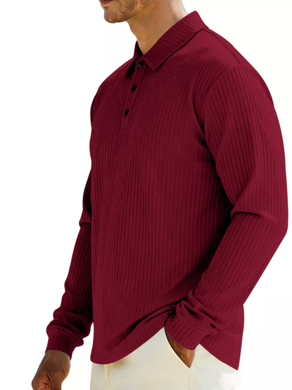Men's Full Size Ribbed Long Sleeve Polo with Button Detail Plus Size, image 12