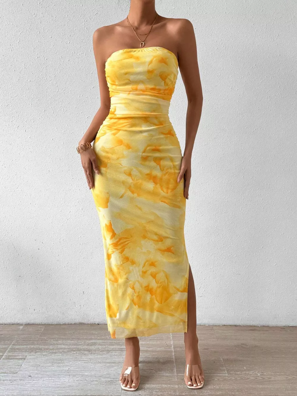 Ruched Strapless Bodycon Midi Dress