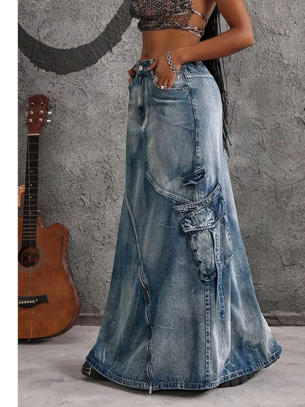 High-Waisted Denim Maxi Skirt with Zipper Slit, image 4