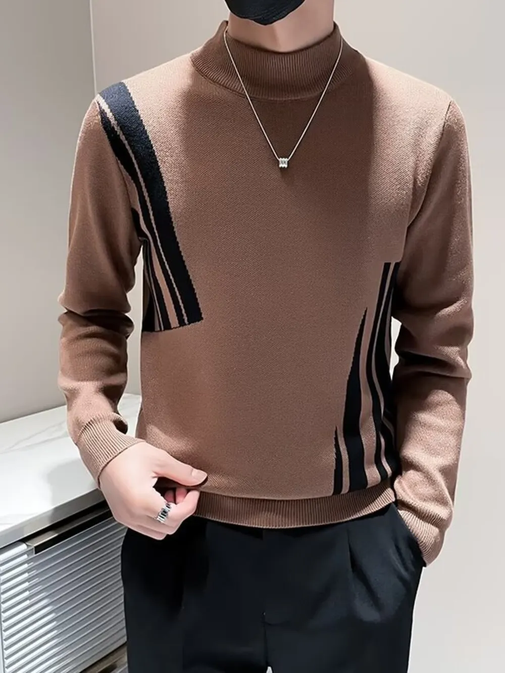 Men's Plus Size Striped Pattern Turtleneck Pullover, image 6