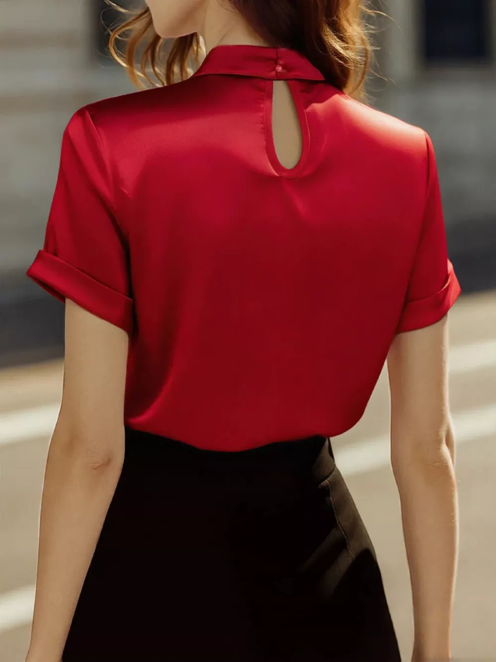 Keyhole Neck Satin Short Sleeve Blouse, image 9