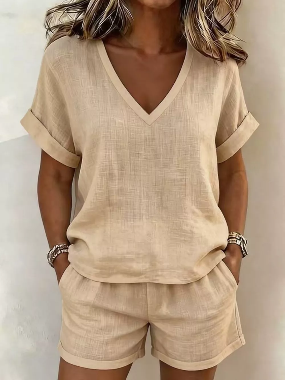 V-Neck Linen Blend Short Sleeve Top and Shorts Set, image 5
