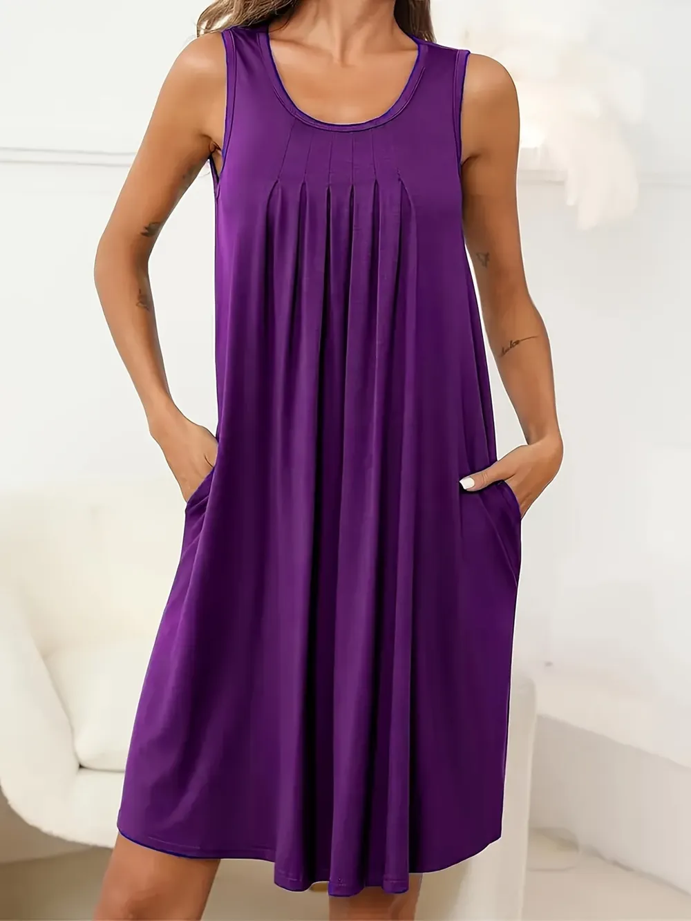 Flowy Pleated Tank Dress with Pockets, image 8