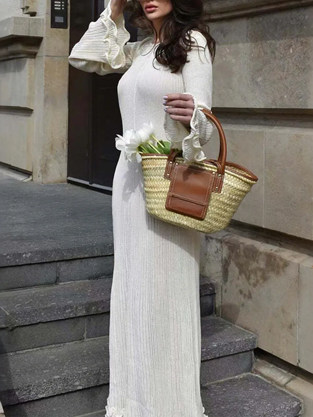 Ribbed Long Sleeve Dress with Ruffle Hem, image 4