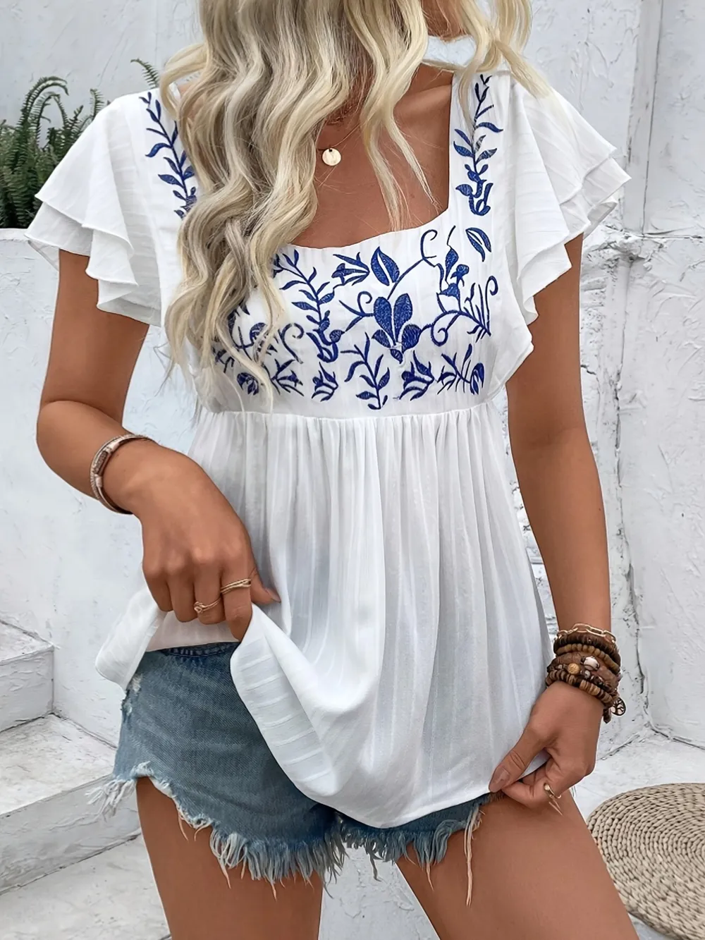 Embroidered Flutter Sleeve Blouse, image 4
