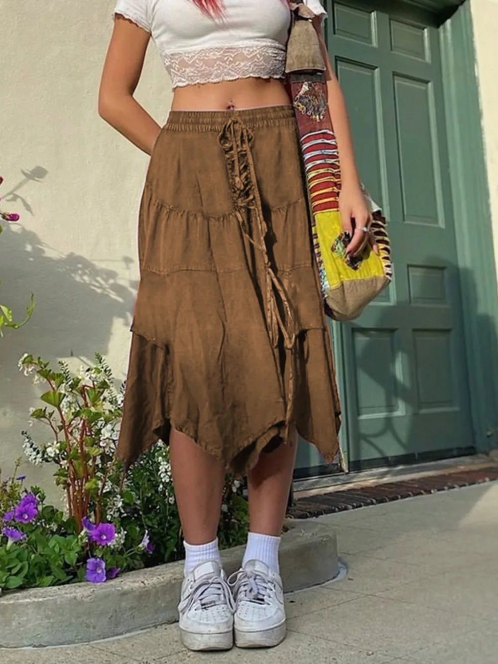 Asymmetrical Hem Midi Skirt with Drawstring Waist, image 2
