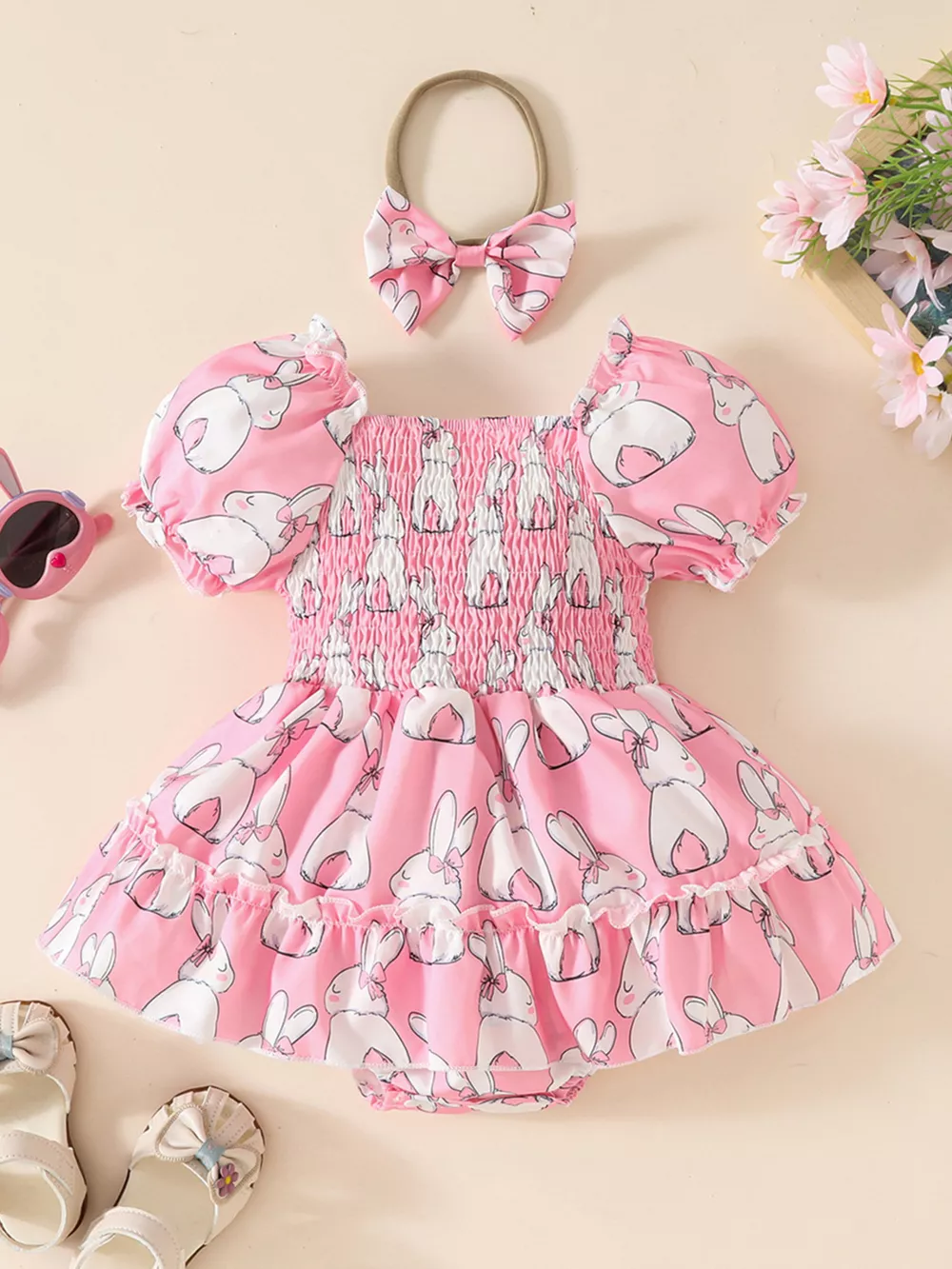Children's Bunny Print Smocked Dress & Headband Set, image 3