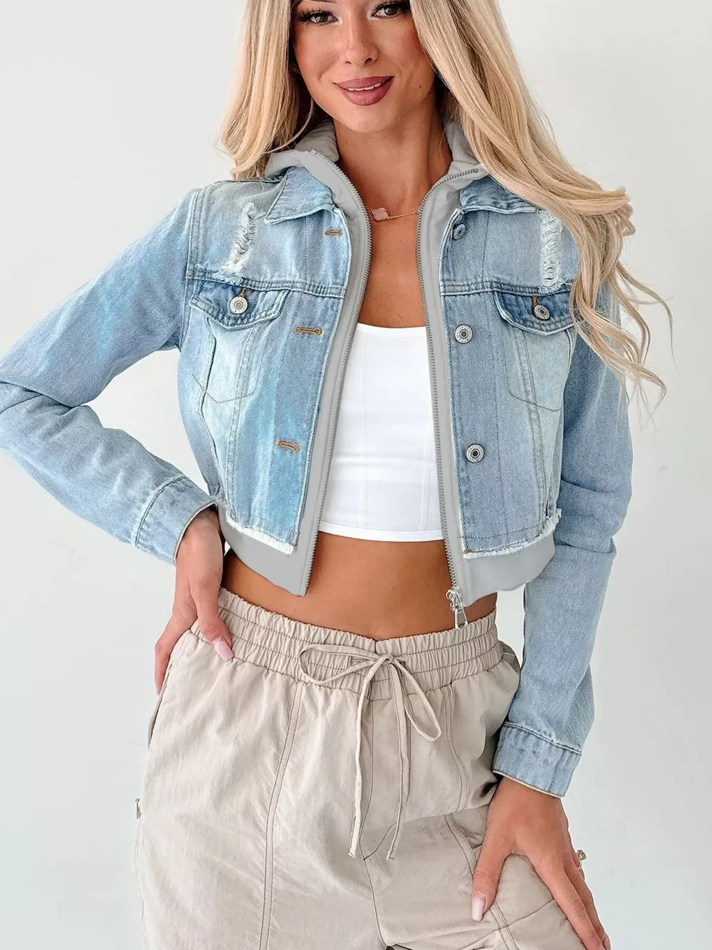 Distressed Zip Up Cropped Hooded Denim Jacket, image 5