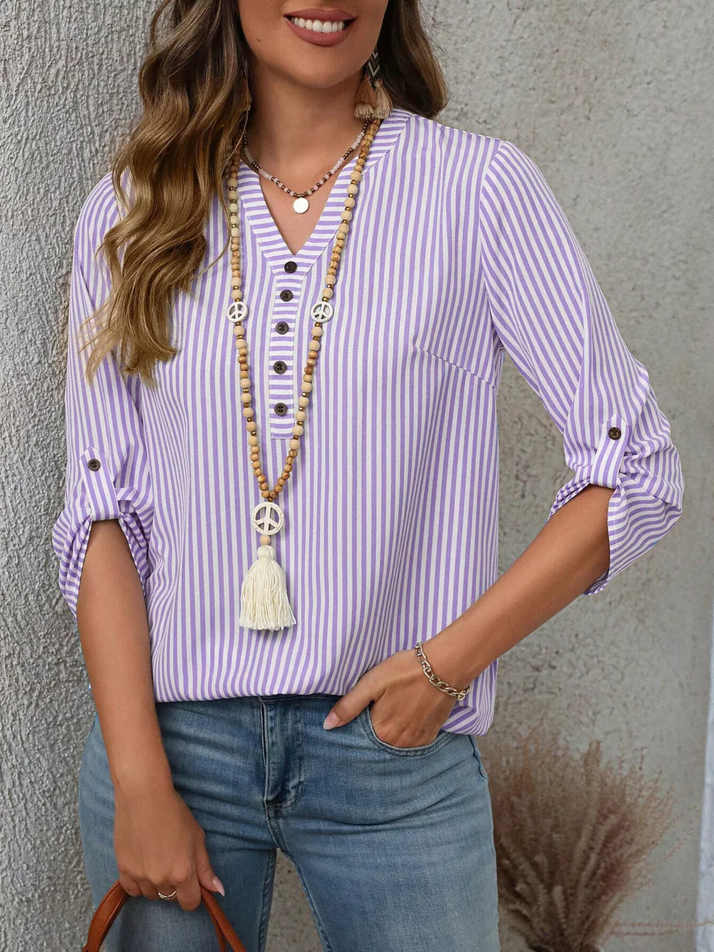 Striped V-Neck Roll-Up Sleeve Blouse, image 22
