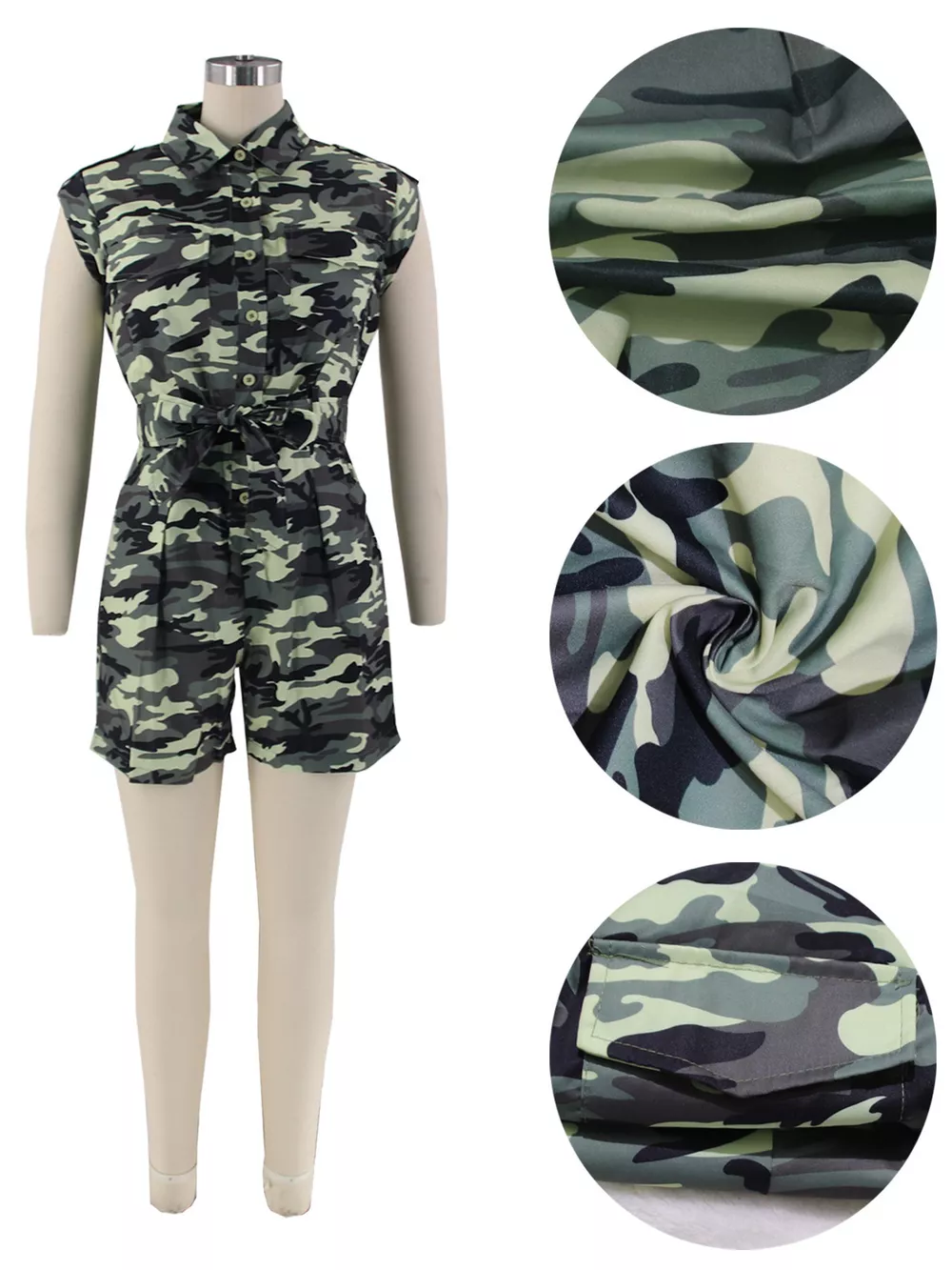 Camouflage Button Front Tie Waist Romper, image 7