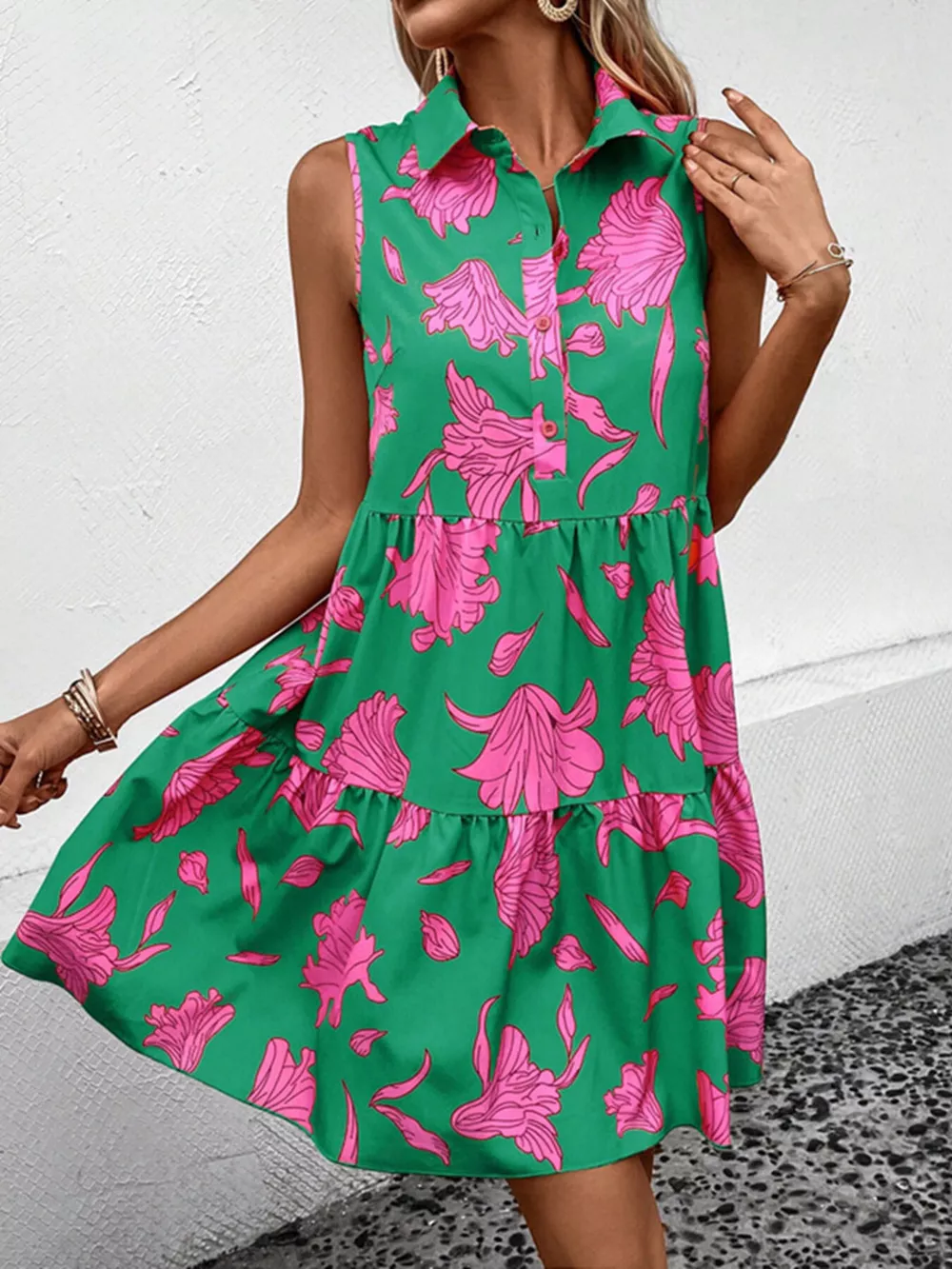 Sleeveless Floral Print Tiered Shirt Dress, image 4