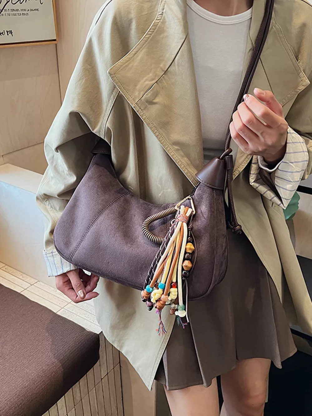 Vintage Suede Tassel Shoulder Bag, image 16