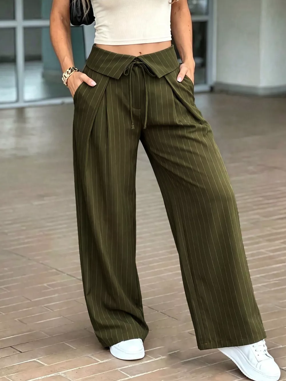 High-Waisted Wide-Leg Pinstripe Pants, image 4