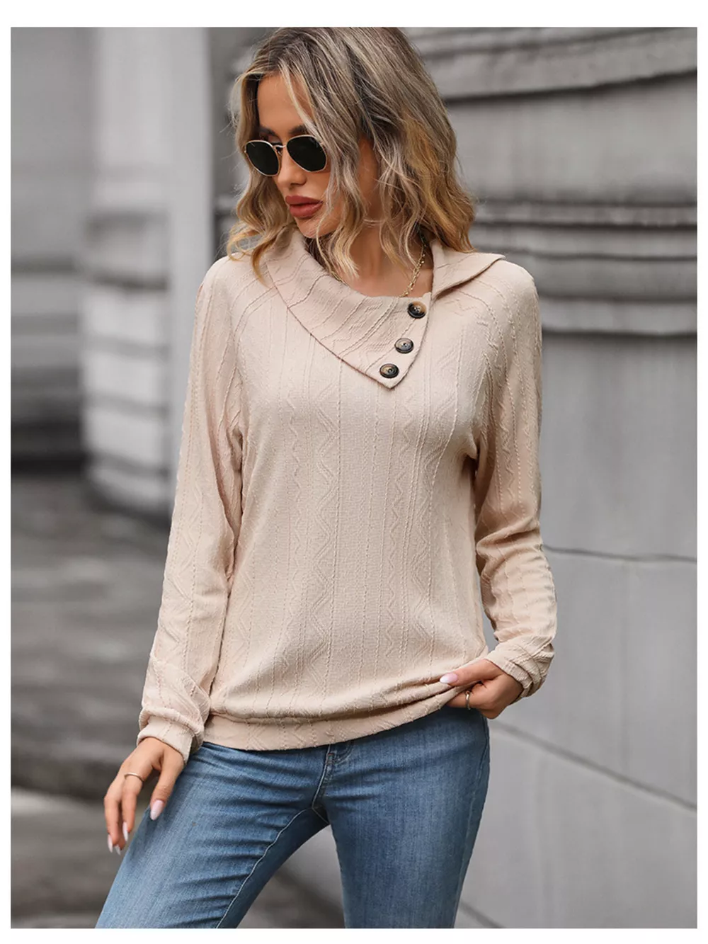 Button-Decor Long Sleeve Textured Top