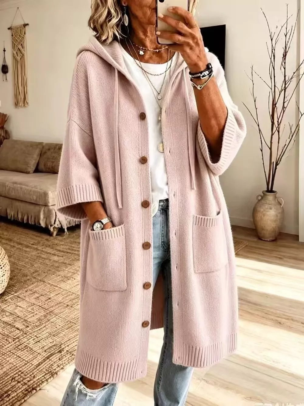 Hooded Button-Down Knit Cardigan with Pockets, image 2