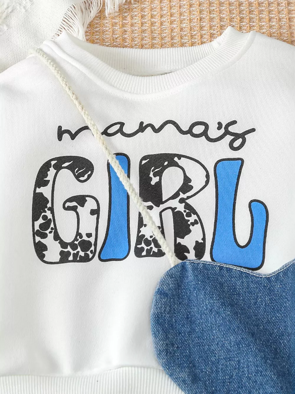 Children's Letter Long Sleeve Top and Denim Skirt Set with Heart Bag, image 2
