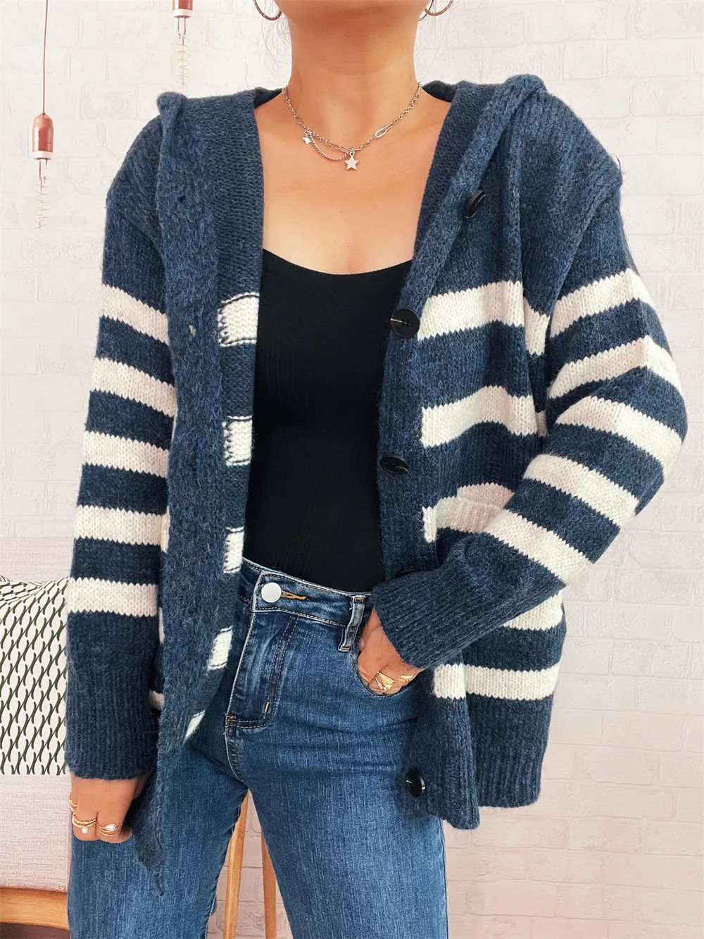 Striped Button-Up Hooded Cardigan, image 26