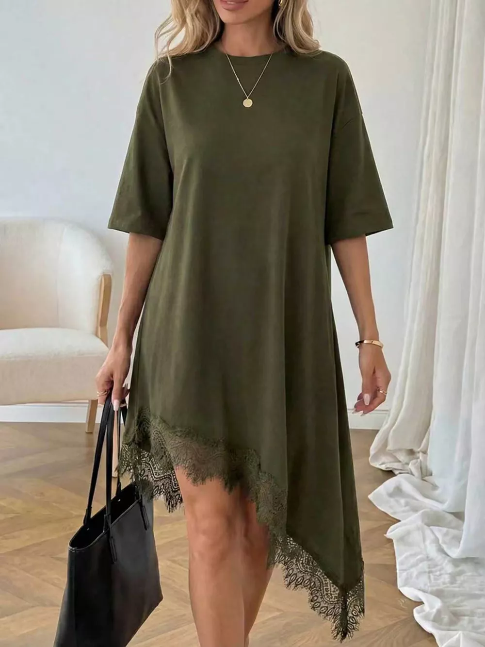 Lace Trim Asymmetrical Hem T-shirt Dress